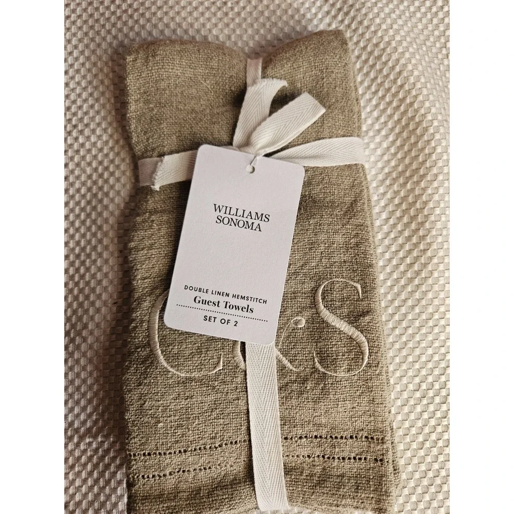 NWT Williams Sonoma Flax Linen Hemstitch Guest Towels Set of 2 Monogram C&S